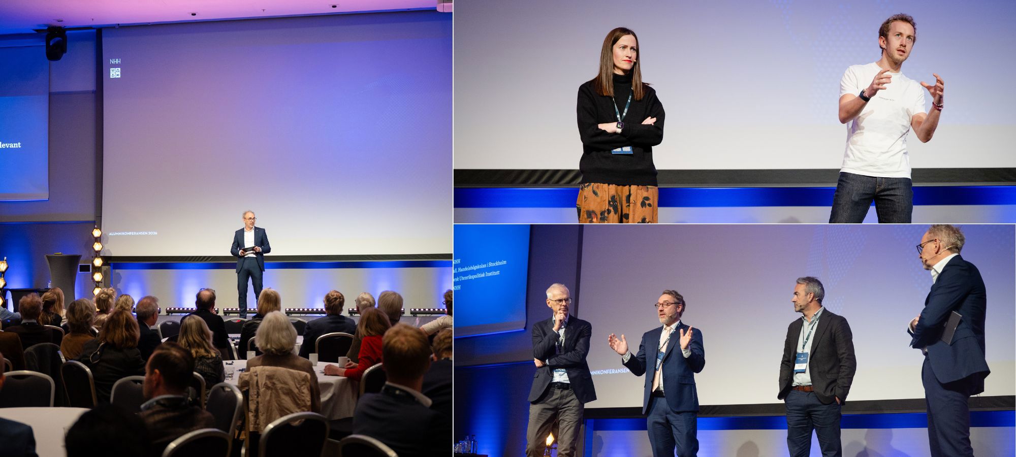 ÅRETS ALUMNIKONFERANSE I REGI AV NHH: Rektor Helge Thorbjørnsen, Marie Mostad fra StartupLab og Martin Schütt fra Askeladden & Co. Nederst til venstre: NHH-professor og tidligere rektor Øystein Thøgersen, NN og NN og Helge Thorbjørnsen. Foto: Joakim S. Enger