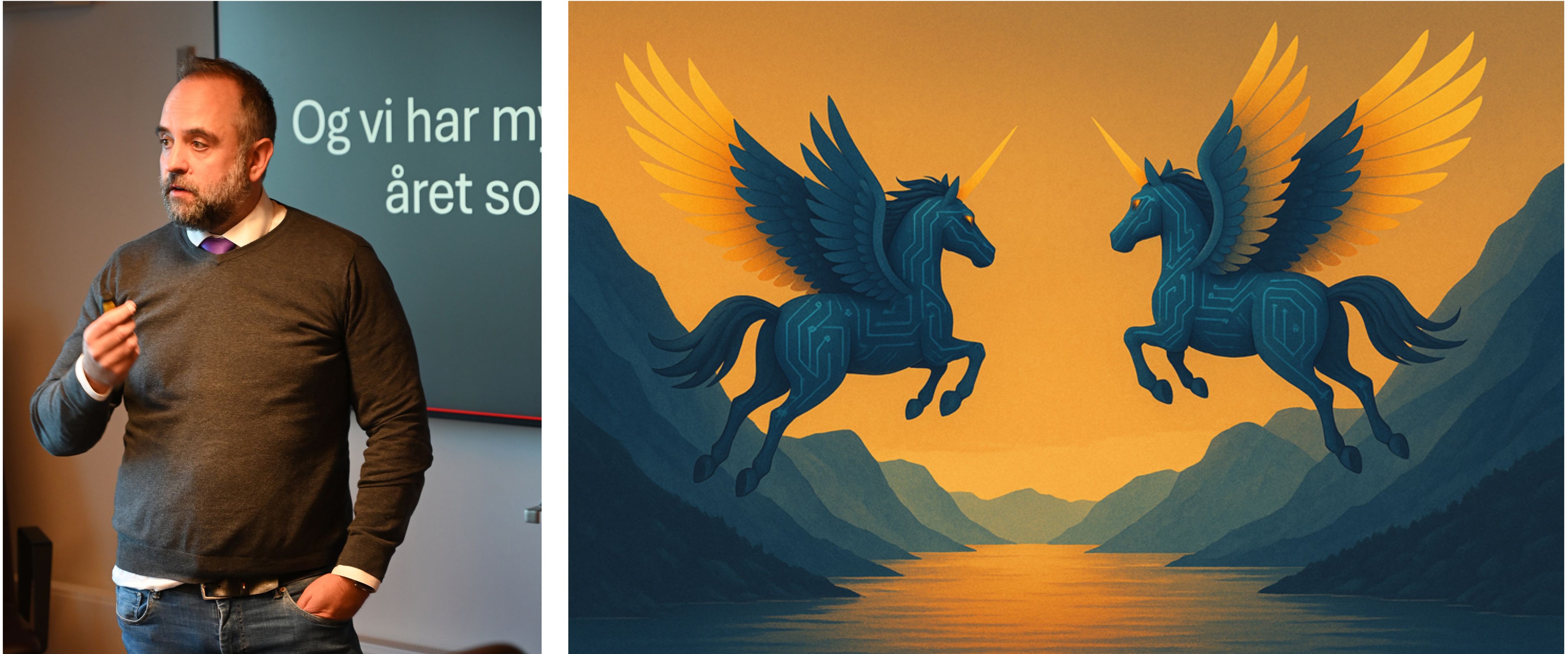 Photo collage of Bram Timmermans and AI-generated pictures of unicorns in flight.