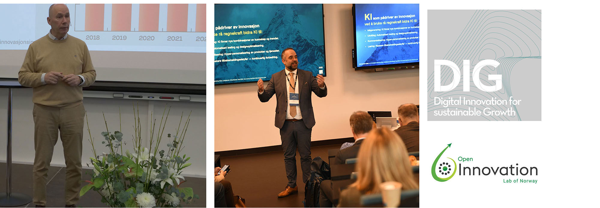 Picture collage of Tor W. Andreassen, Bram Timmermans and logos of Open Innovation Lab and DIG