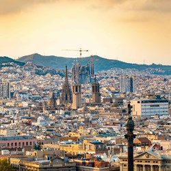 Cityscape collage showing iconic views of Rome and Barcelona, highlighting the vibrant urban environment of both cities.