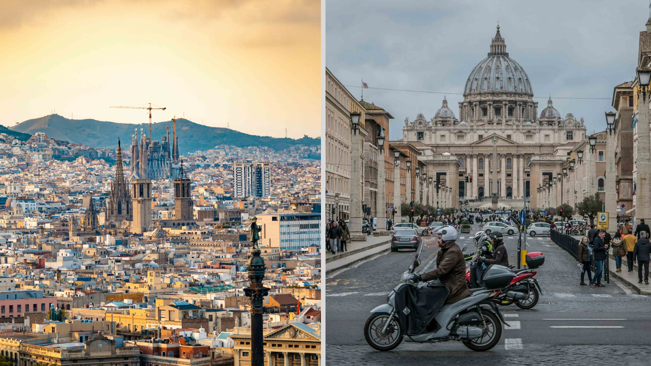 Cityscape collage showing iconic views of Rome and Barcelona, highlighting the vibrant urban environment of both cities.