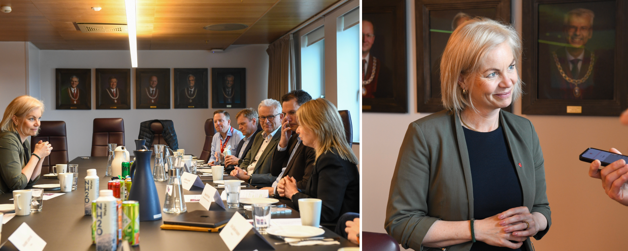 Aasland etterlyser mer friksjon i KI-implementering i høyere utdanning. Her får hun en innføring i NHHs arbeid av Bjørg Marit Eknes, Steffen Juranek, Geir Mikalsen og  Kurt R. Brekke. 