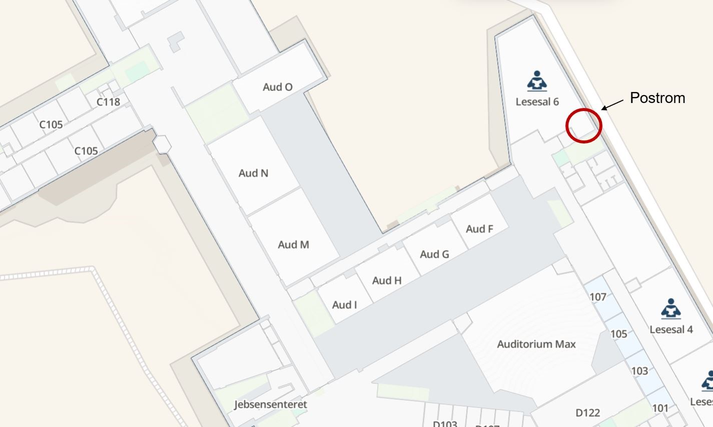 Map over the mailroom located at the first floor at Nybygget, next to Lesesal 6