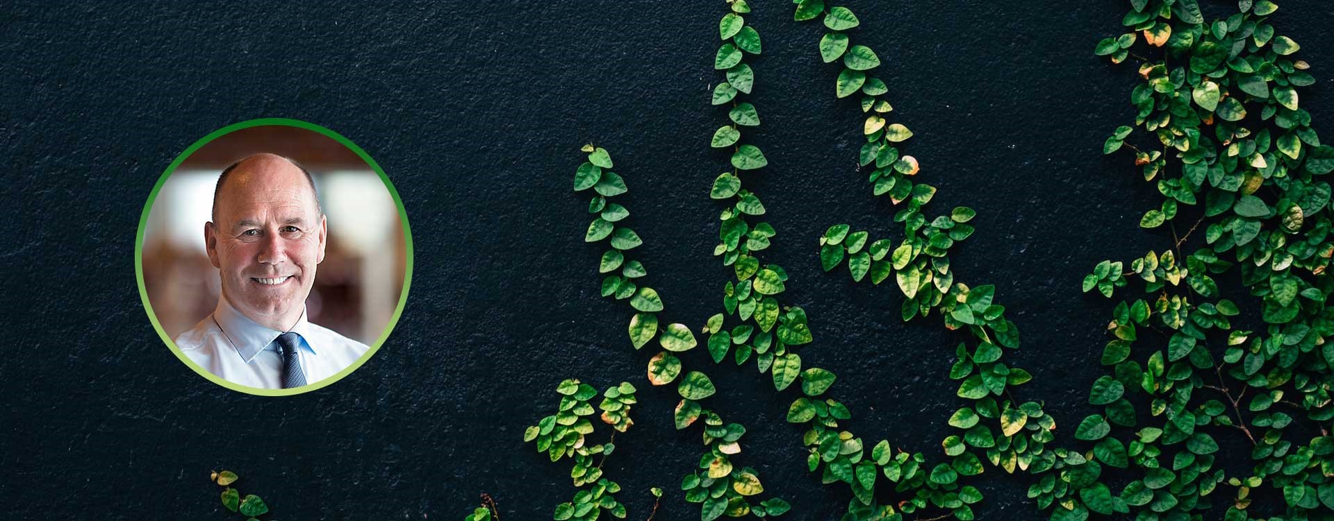 Picture of Tor W. Andreassen imposed on top of a black wall with green foilage.