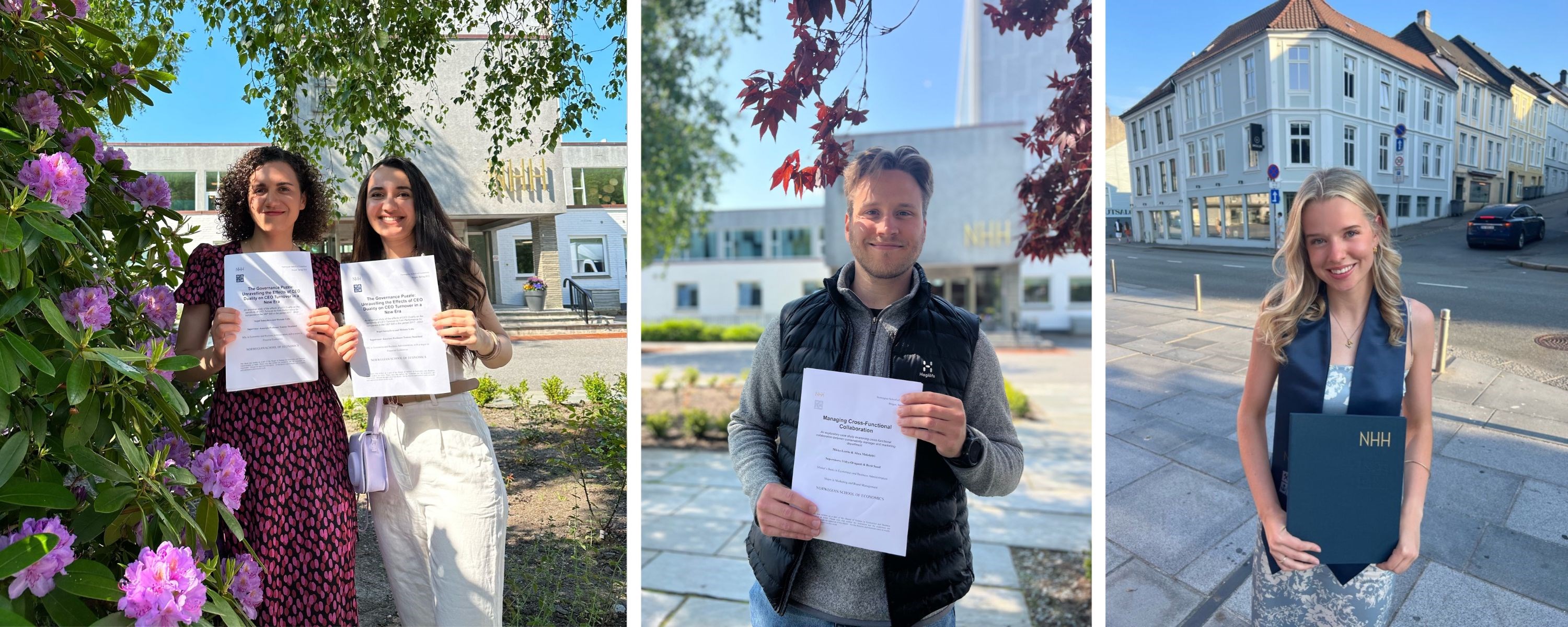 Picture of three of NHH’s student ambassadors. Aygul Ismayilova (number two in the picture to the left), Mikko Juhani Lantto and Molly Jenkins. Photo: private