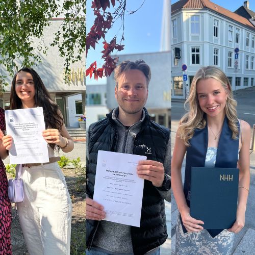  Picture of three of NHH’s student ambassadors. Aygul Ismayilova (number two in the picture to the left), Mikko Juhani Lantto and Molly Jenkins. Photo: private