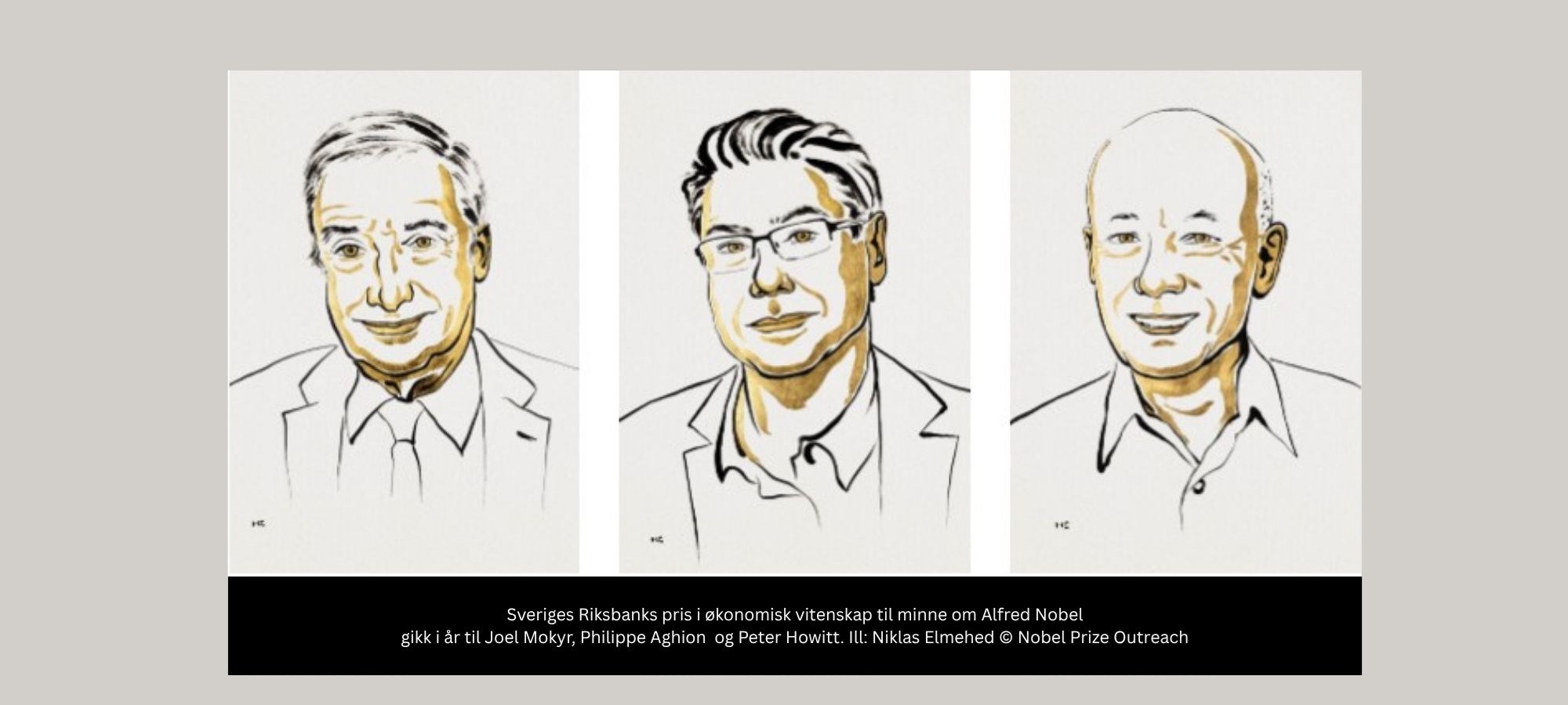 Sveriges Riksbanks pris i økonomisk vitenskap til minne om Alfred Nobel gikk i år til Joel Mokyr, Philippe Aghion og Peter Howitt. Ill: Niklas Elmehed © Nobel Prize Outreach