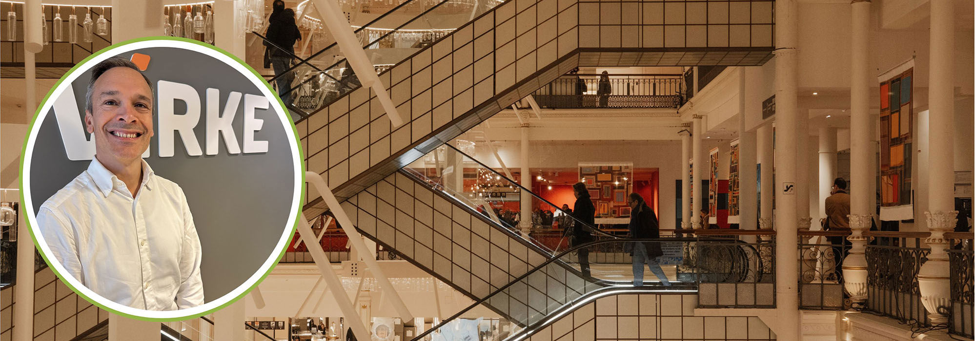 Photo collage of portrait of Endre Dingsør and image bank photo of shopping mall.