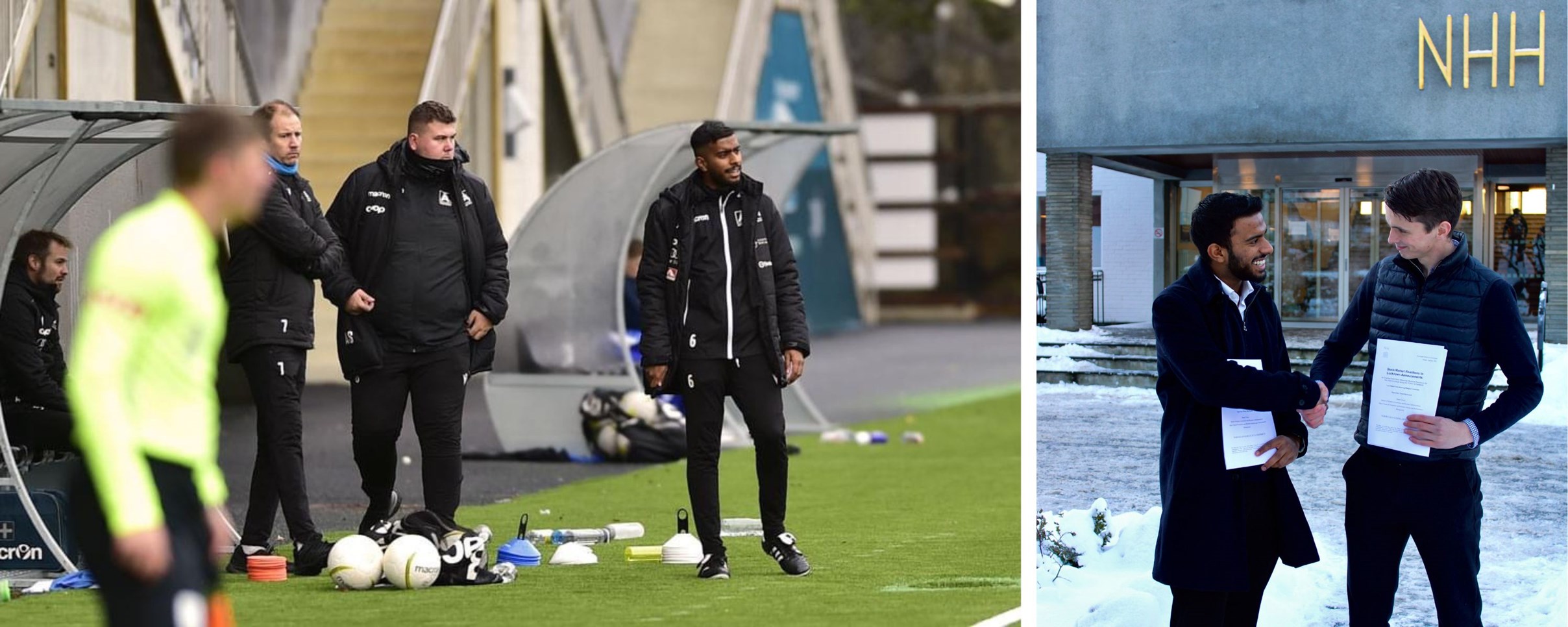 Photo of Dinogen Uruthiran from when he was a football coach.   The picture to the right shows Uruthiran and Lars Kilen after they submitted their master's thesis.