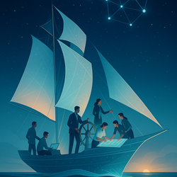 An illustration of six people on a sailboat navigating under a starry night sky. One person steers the ship, while others examine a glowing digital map. The sails are large and semi-transparent, and a constellation-like network appears in the sky, symbolizing guidance and collaboration in research.