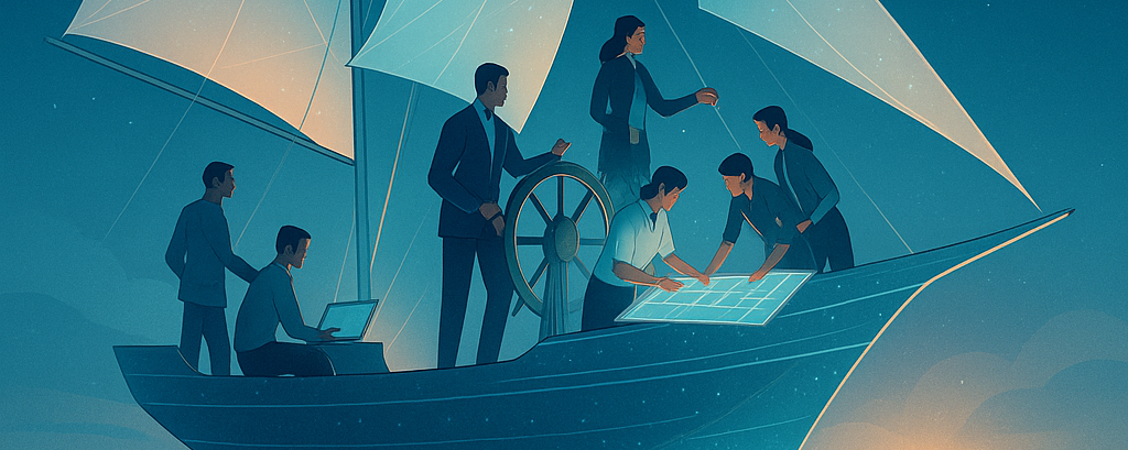An illustration of six people on a sailboat navigating under a starry night sky. One person steers the ship, while others examine a glowing digital map. The sails are large and semi-transparent, and a constellation-like network appears in the sky, symbolizing guidance and collaboration in research.