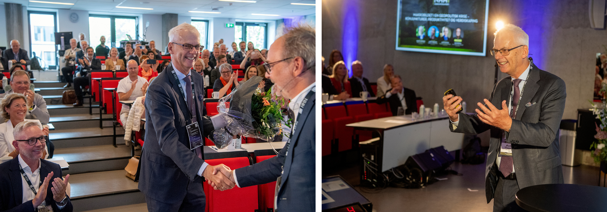 NHH-rektor Øystein Thøgersen åpnet Vårkonferansen med et større blikk på geopolitikken. Etter konferansen ble han hyllet av de oppmøtte.  Foto: Helge Skodvin