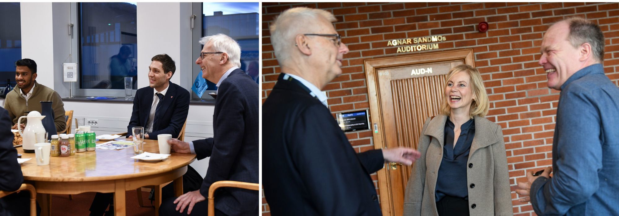 Klima- og miljøminister Andreas Bjelland Eriksen (utdannet ved NHH) på kontoret til rektor, og forsknings- og høyere utdanningsminister Sigrun Aasland i prat med Thøgersen og NHH-professor Alexander W. Cappelen. Begge foto: Ingunn Gjærde