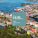 The HUB logo superimposed on top of a aerial view of Bergen
