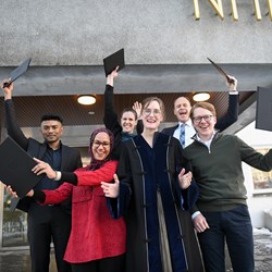 SOME OF THE 2024 PhDs: Jareef Bin Martuza, Iffat Tarannum, Ingvild Skarpeid, Lars Arvei Moen and Eirik Berger Abel together with  Vice Rector research, Professor Malin Arve. Photo: Ingunn Gjærde