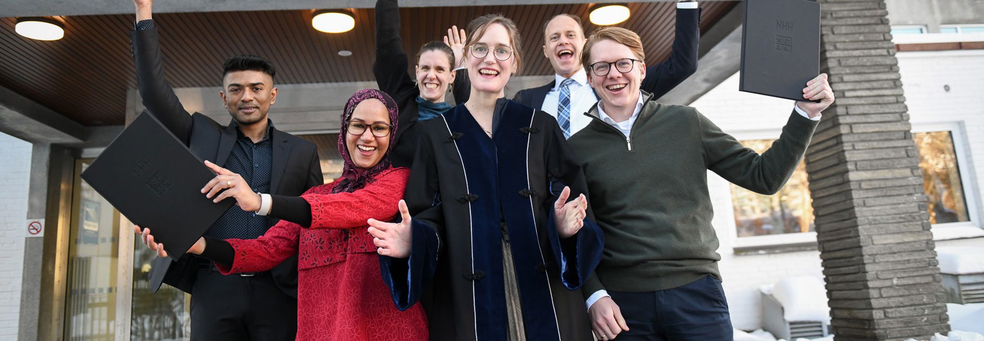 SOME OF THE 2024 PhDs: Jareef Bin Martuza, Iffat Tarannum, Ingvild Skarpeid, Lars Arvei Moen and Eirik Berger Abel together with  Vice Rector research, Professor Malin Arve. Photo: Ingunn Gjærde