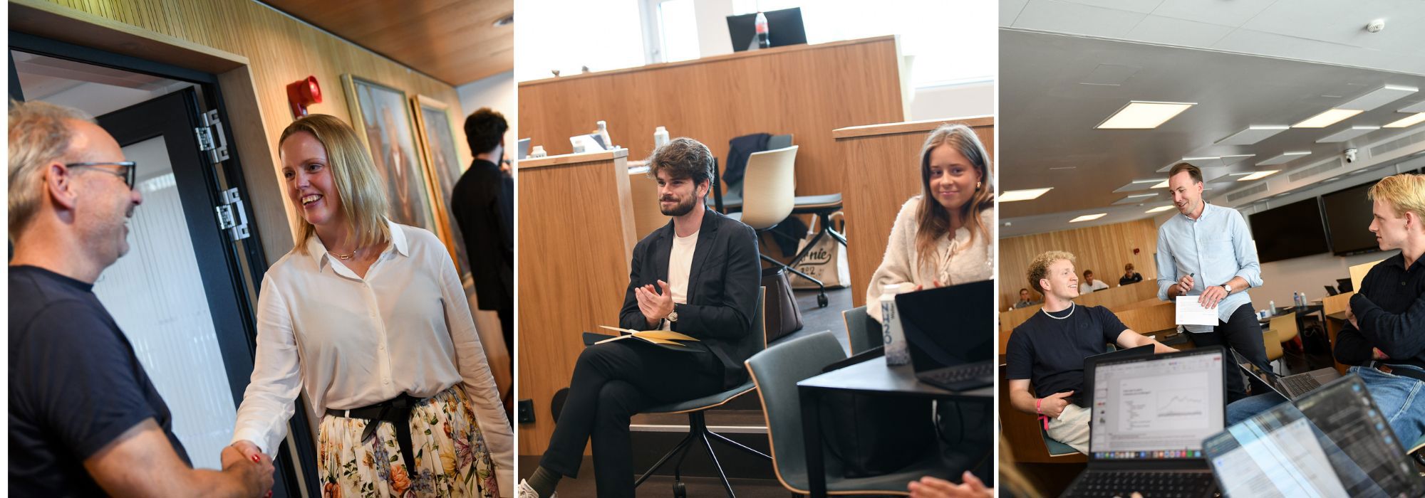 Tidligere NHH-studenter stiller som mentorer for en dag: NHH-rektor møter mentor Birte Skår fra Norwegian Hull Club, økonom i Konkurransetilsynet Torbjørn Sandmo, og René Højklint fra Equinor. 