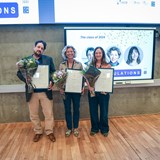 Carsten Bienz, Therese Egeland, and Kristin Rygg receiving diploma and flowers