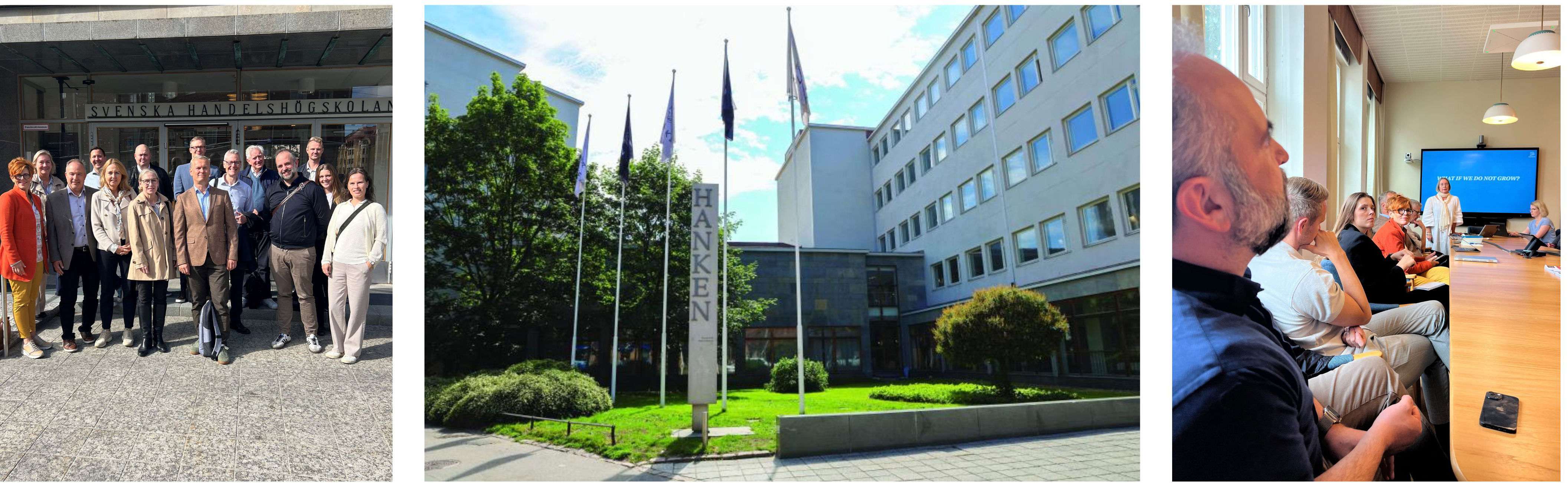 Collage of photos displaying visiting group and Hanken's campuis