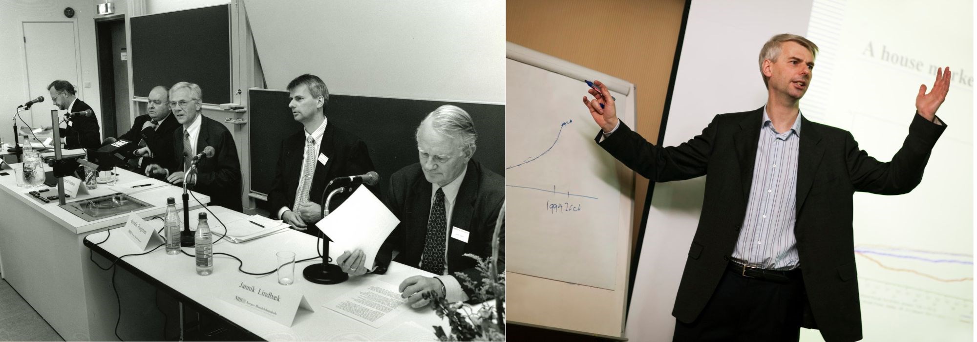 Vårkonferansen 1990: Øystein Thøgersen var fersk på NHH, men satt i panel med blant andre Victor D. Norman og Jannik Lindbæk.