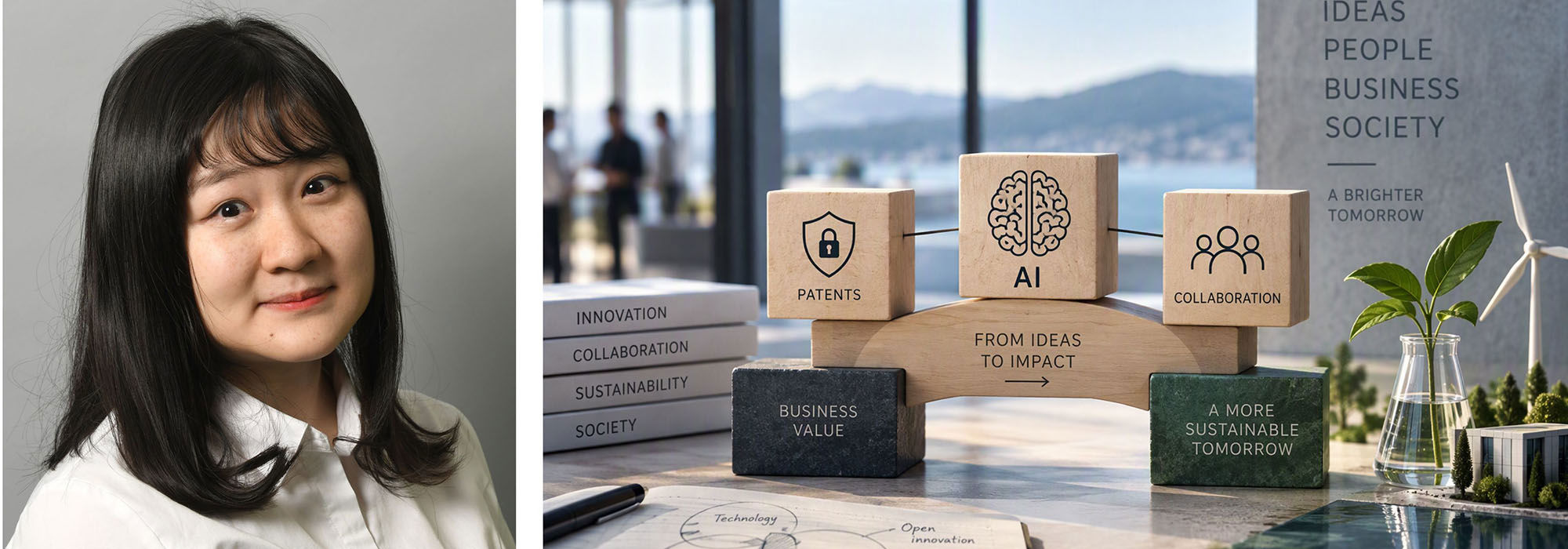 Associate professor Jialei Yang shares insight from her research into how innovation becomes value for businesses. Photo NHH and AI-generated illustration.