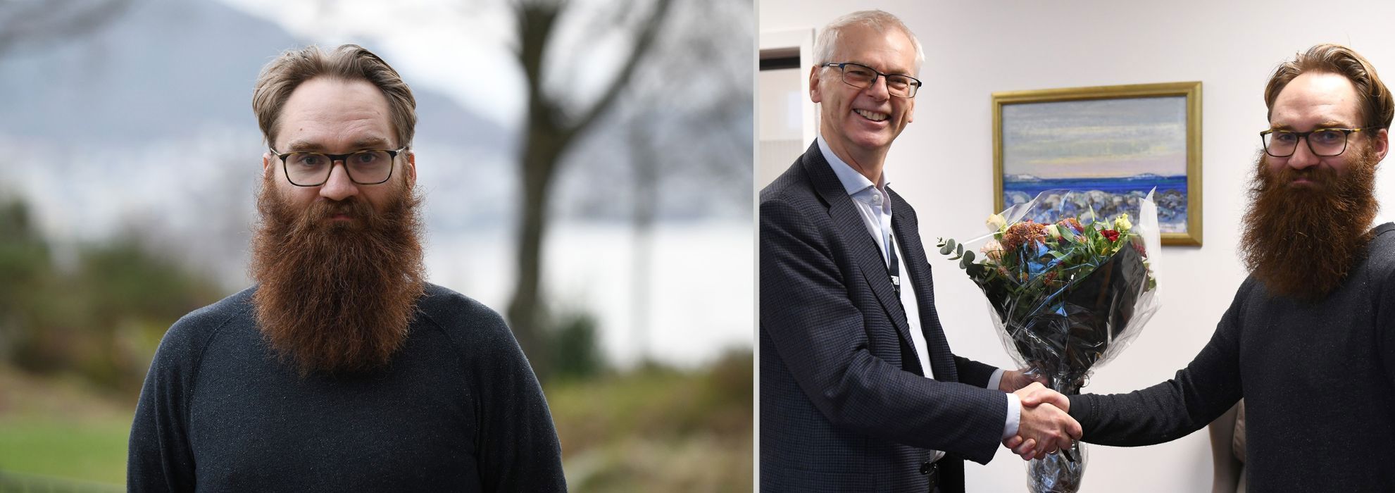 Ingar Kyrkjebø Haaland has become a professor at NHH in record time: ‘I work with colleagues in an absolutely amazing research group at FAIR, and I will continue to do so. Nothing stops when you become a professor—quite the opposite. I have many new projects underway, ‘says Haaland, who is being congratulated here by Rector Øystein Thøgersen. Photo: Hallvard Lyssand