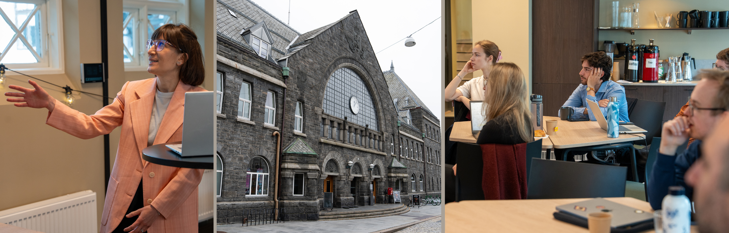 A three-part photo collage showing a woman presenting in a pink blazer, the stone exterior of the Bergen Railway Station, and a group of people in a meeting room.