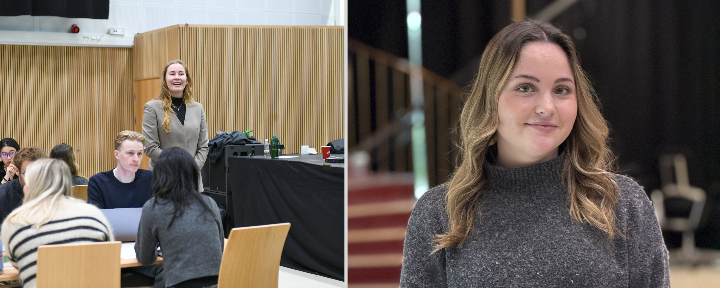 A collage of two photos showing students in an active seminar setting in NHH’s Aula.