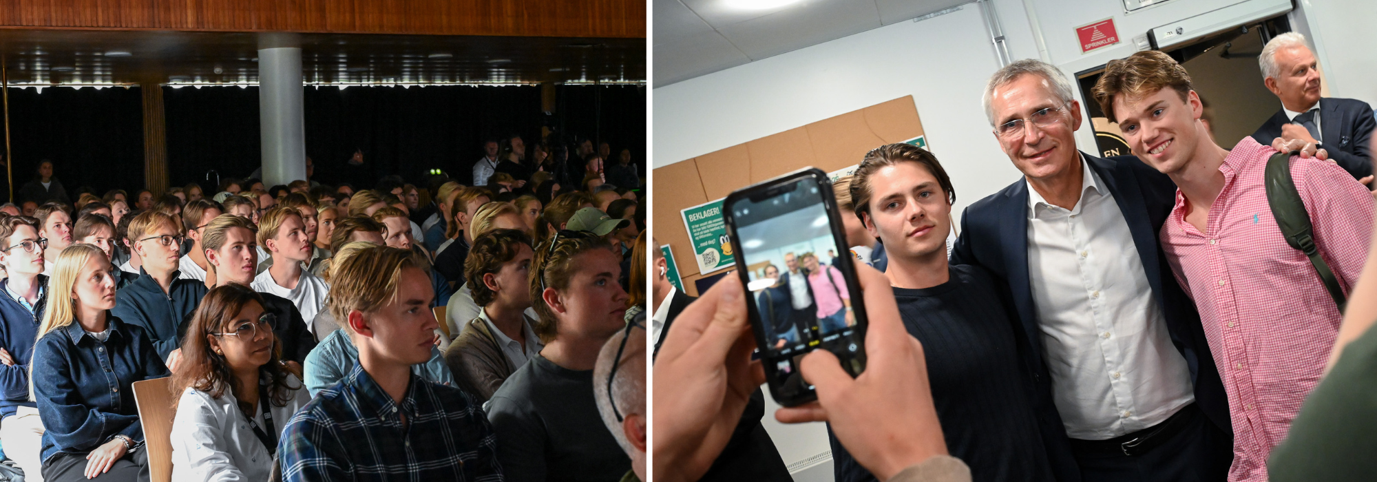 Jens Stoltenberg og studenter i NHH-aulaen. 