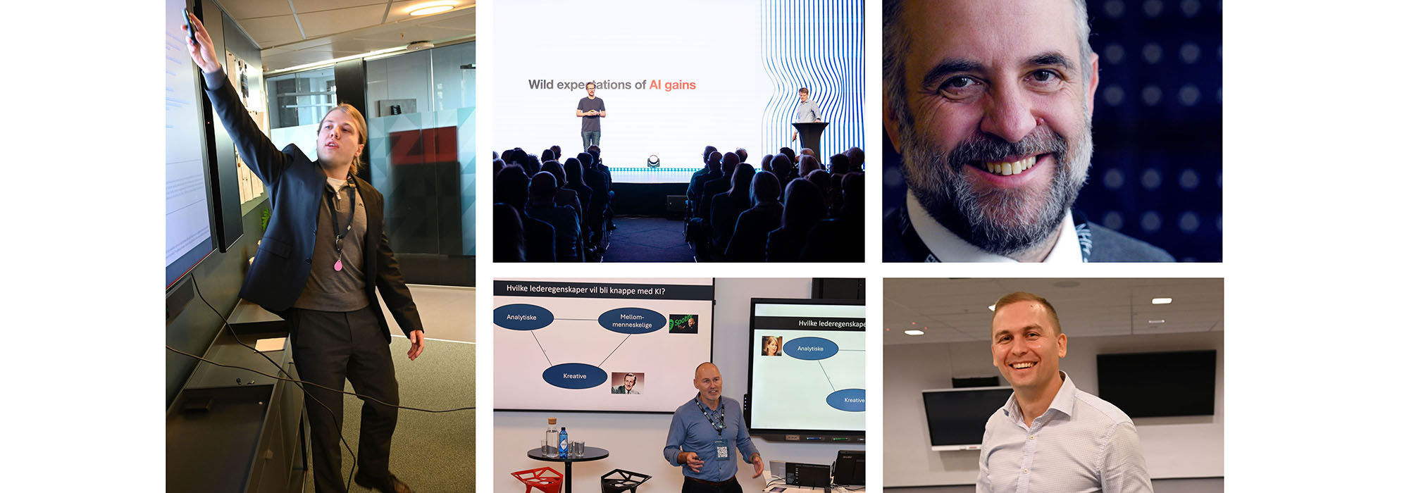 The AI-group at DIG, Erik Lang (left), Eirik Sjåholm Knudsen and Alexander Lundervold (top centre), Lasse Lien (btm centre), Bram Timmermans (top right) and Ivan Belik (btm right)