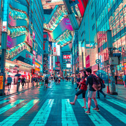 A photo of a shopping street lit by neon lights