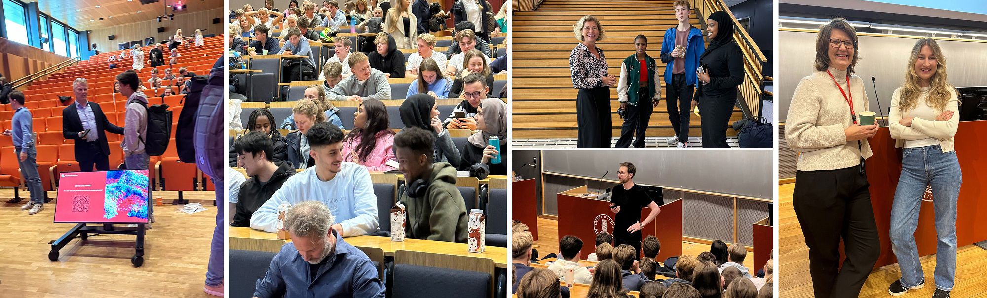 Professor Ola H. Grytten i samtale med en av elevene etter foredraget, professor Therese Egeland sammen med elever fra Fyllingsdalen videregående skoler, professor Eirik S. Knudsen under foredraget og stipendiat Anna Eitrem sammen med leder for Forskningsdagene i Bergen, Silje Pedersen. Foto: Sigrid Folkestad og Emma Merjem Emma Torlo Djugum. 