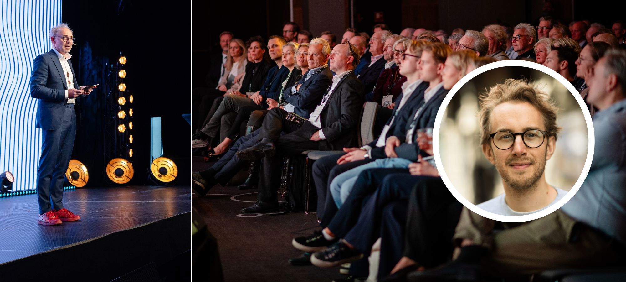 Fotomontasje med Helge Torbjørnsen, publikum på Alumnikonferansen 2025 og Martin Scütt