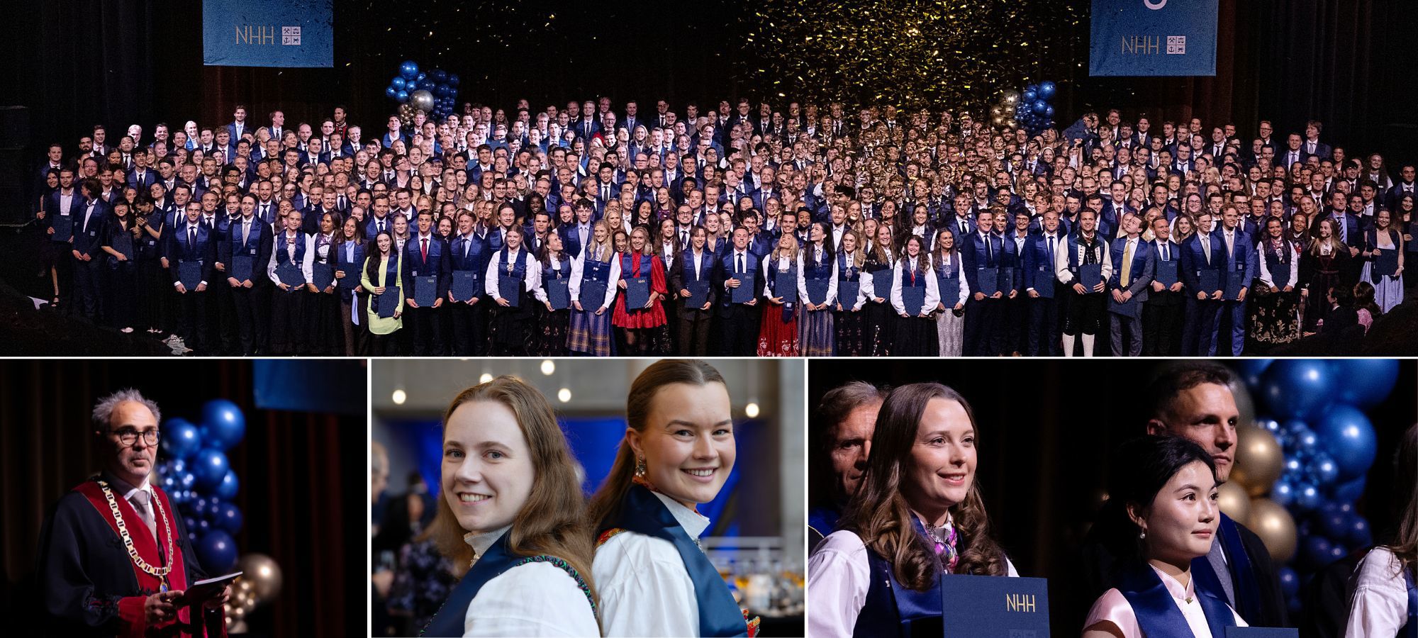 Masterkandidatene fylte scenen i Grieghallen til applaus, musikk og høytidelig seremoni. Rundt 500 kandidater feiret dagen sammen med stolte foreldre, familie og venner. Foto: Silje Robinson