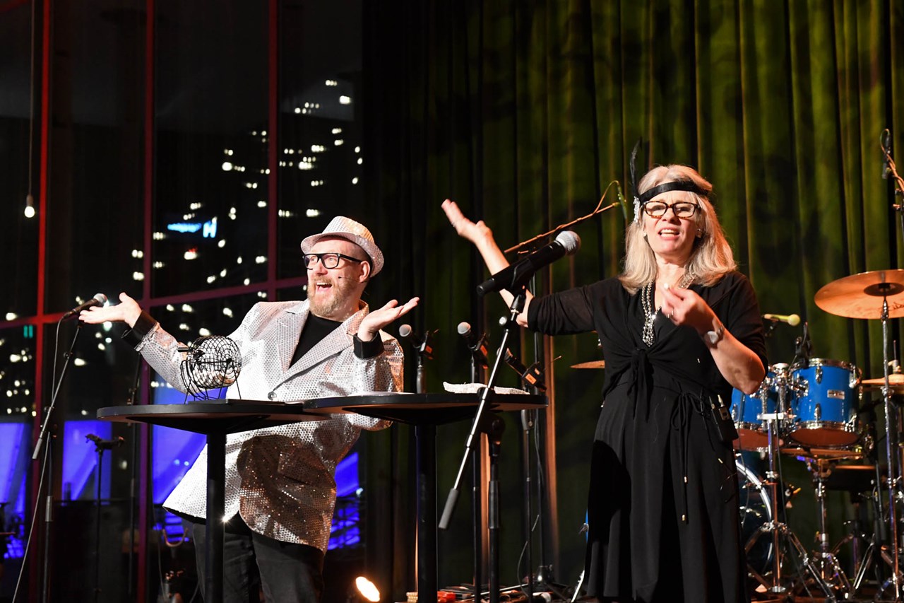 Sverre and Tanja, bingo hosts on stage