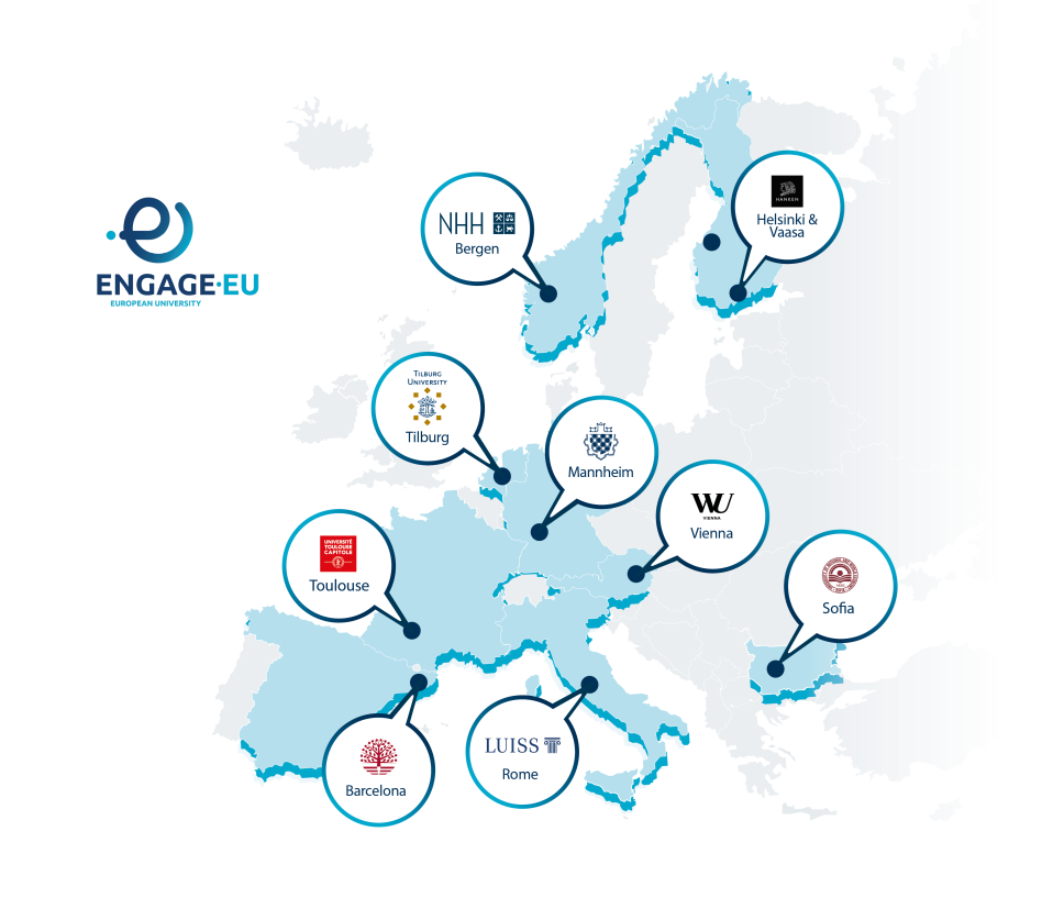 Europe map of all the 9 partner universities of ENGAGE.EU Alliance