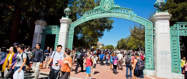 Students walking through the Sather Gate at Berkeley 