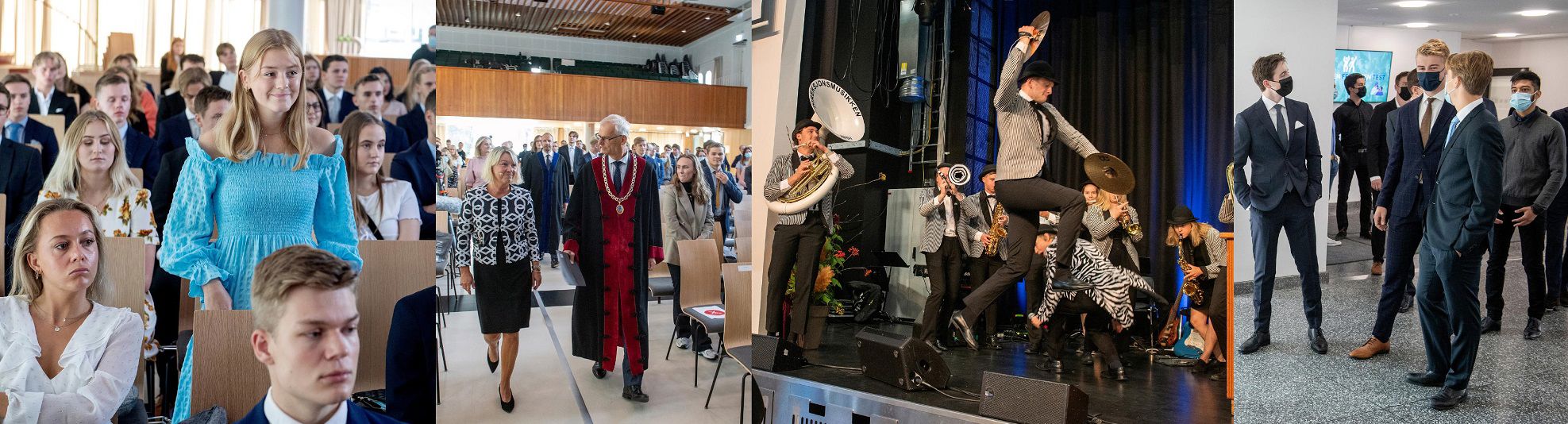 Fra venstre: Lina Undeland (20) fra Mysen ble immatrikulert på NHH i dag. Justis- og beredskapsminister Monica Mæland sammen med NHHs rektor Øystein Thøgersen på vei inn til åpningsseremonien i aulaen – der Direksjonsmusikken sørget for underholdning. Foto: Helge Skodvin