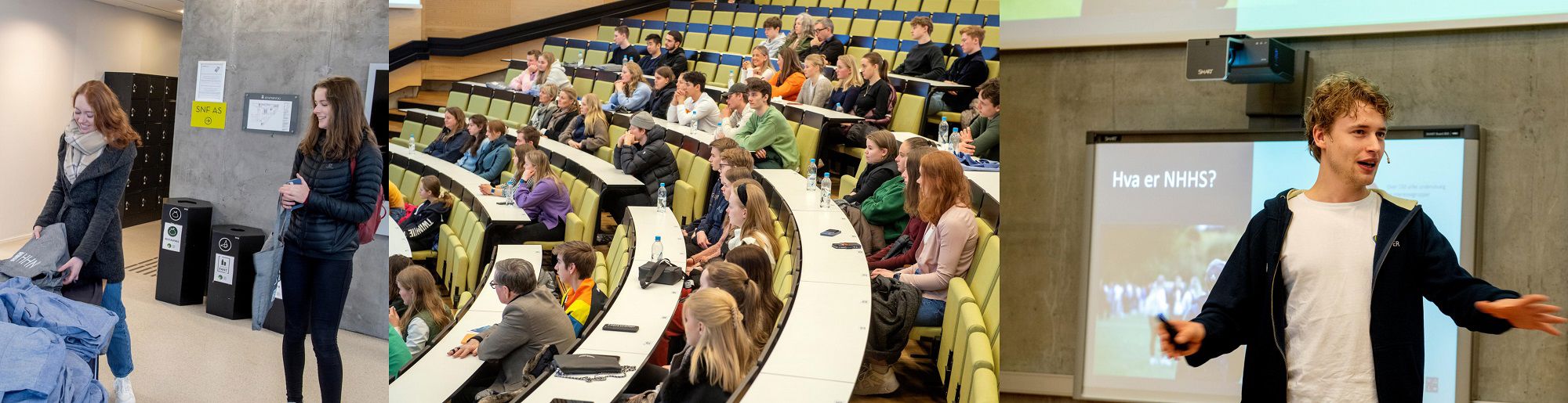 Frida Fjeld-Litleskare finn seg eit NHH-nett i registreringa. Ho og Thea S. Lien (t.h.) er begge frå Bergen og hadde høyrt om Åpen dag frå rådgivaren på Amalie Skram vidaregåande skule.  Til høgre er Stijn van Oorschot, leiar i NHHS, i aksjon. 