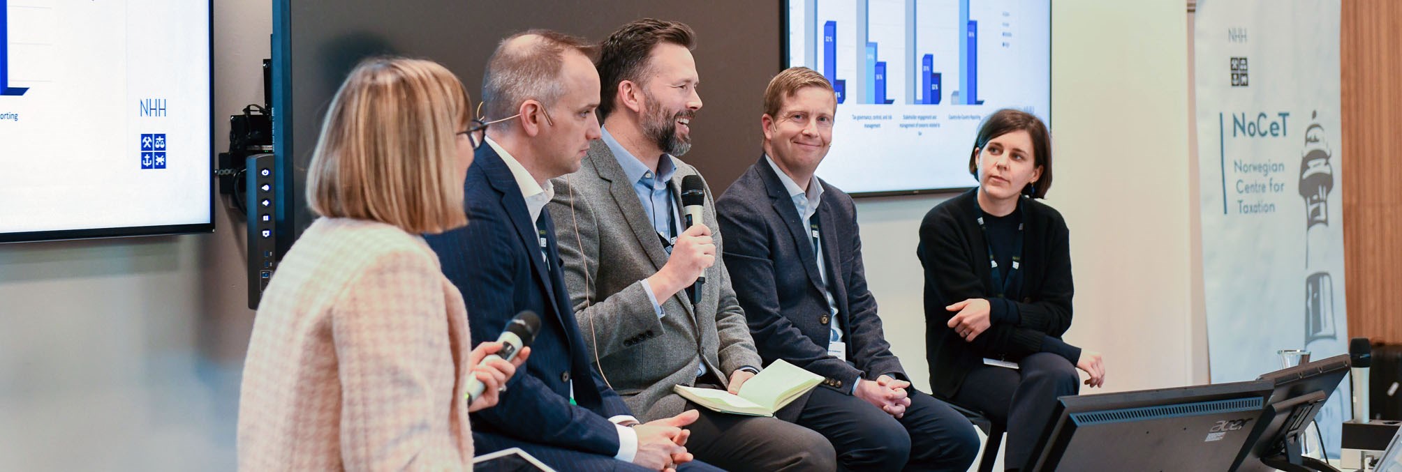 Assistant Professor Elisa Casi-Eberhard (NHH), Matt Genasci (Norges Bank Investment Management), Magnus Næss Andresen (Norwegian Tax Authorities) Mark D. Orlic (partner, PwC Germany) and Barbara Stage (Assistant Professor at WHU). 