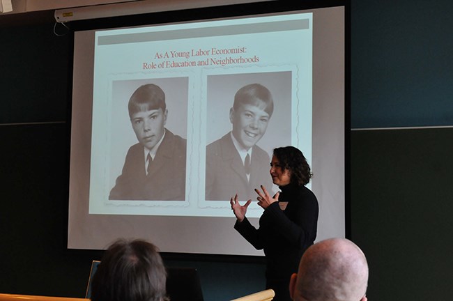 Sandra Black presenting Kjell as a young economist.